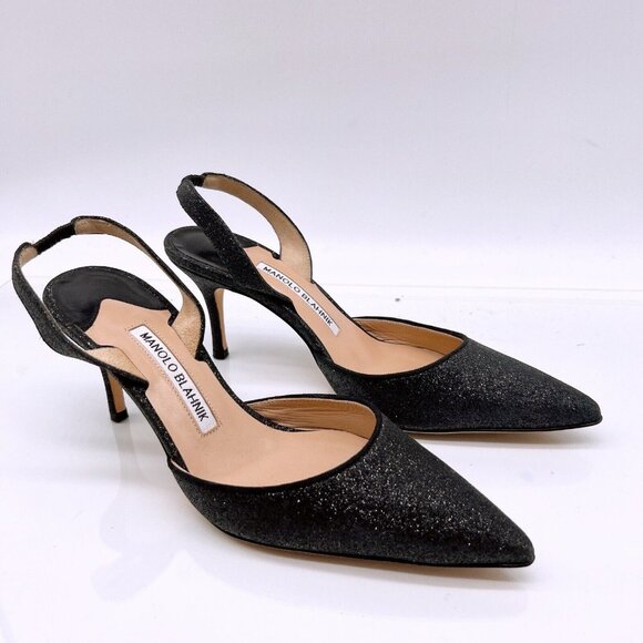 Manolo Blahnik Carolyne Low Heel Women’s Slingback Pumps Black Glitter EU 36.5 - Picture 2 of 12